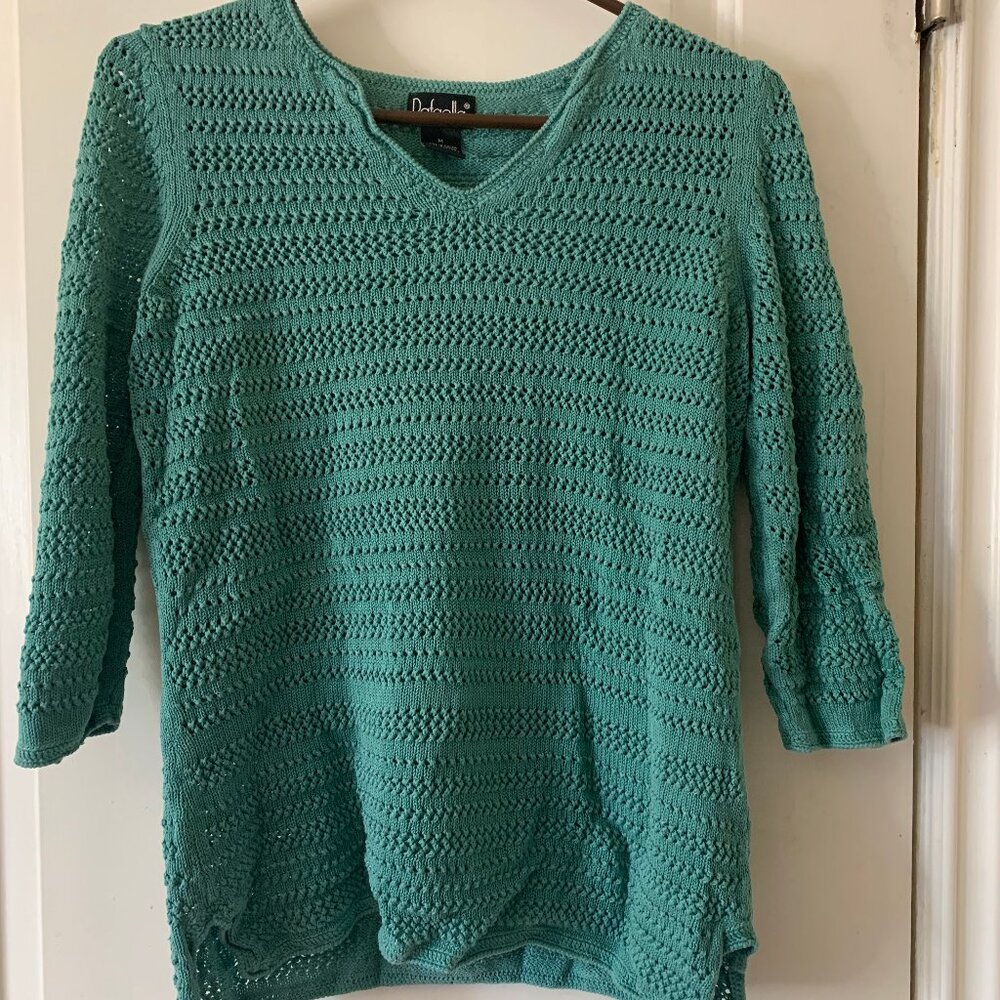 Rafaella - Aqua Teal Lacy Open Knit Pullover Sweater